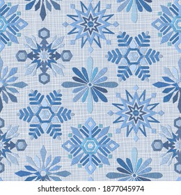 Seamless embroidery snowflakes background  on linen texture. Happy New Year or Christmas decoration design element. Wallpaper or gift wrapping pattern.