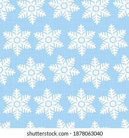 Seamless embroidery snowflakes background  on linen texture. Happy New Year or Christmas decoration design element. Wallpaper or gift wrapping pattern.