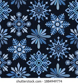 Seamless embroidery snowflakes background  on linen texture. Happy New Year or Christmas decoration design element. Wallpaper or gift wrapping pattern.