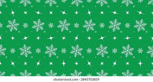 A seamless emerald green vector pattern featuring rows of intricate white snowflakes and four-pointed twinkling stars, perfect for Christmas gift wrap and winter holiday backgrounds.