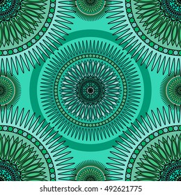 Seamless emerald pattern with oriental mandalas. Islam, Arabic, Asian motifs. Kaleidoscope print. Vintage lace mood. Fabric, wallpaper or wrapping