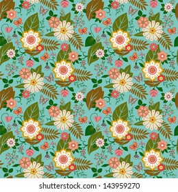 Seamless emerald pattern with wild flowers