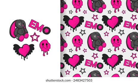 Seamless emo pattern with elements of pink and black. Beaten hare, sad emoji, heart, stars. Vector ornament nostalgia, y2k
