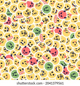 Patrón emotiji sin foco. Fondo de emoticonos. Caras amarillas con diferentes emociones divertidas. Iconos de diseño simples. Elementos de conversación. UI, UX para aplicación móvil, medios sociales. Ilustración vectorial de estilo plano.