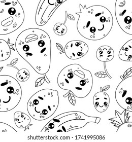 Seamless emoji pattern. Emoji emoticons fruits and berries: banana, orange, lemon, pineapple, apple, pear, plum, strawberries, cherries. Isolated vector illustration in black and white style     