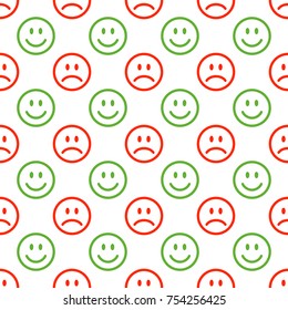 Seamless emoji pattern. Line red and green smiley background. Happy and unhappy emoticons