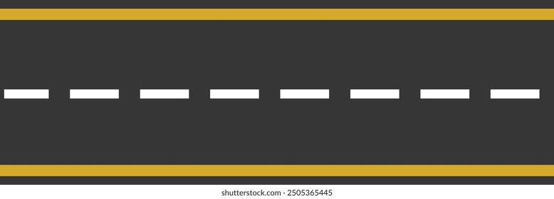 Seamless empty straight road pattern with single yellow dashed line and white solid lines road marking. Asphalt road top aerial view in flat style design. EPS 10 vector illustration.