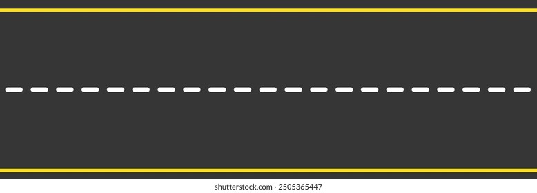 Seamless empty straight road pattern with single yellow dashed line and white solid lines road marking. Asphalt road top aerial view in flat style design. EPS 10 vector illustration.