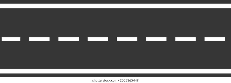 Seamless empty straight road pattern with single yellow dashed line and white solid lines road marking. Asphalt road top aerial view in flat style design. EPS 10 vector illustration.