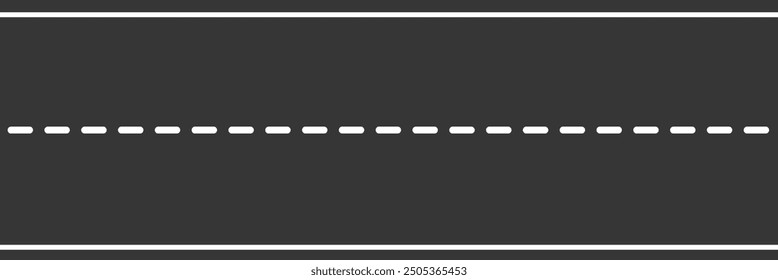 Seamless empty straight road pattern with single yellow dashed line and white solid lines road marking. Asphalt road top aerial view in flat style design. EPS 10 vector illustration.