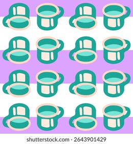 Seamless Enamel Camping Mug Pattern. Seamless pattern with green enamel mugs in standing and side positions on purple and white striped background. Flat cartoon style, cozy retro camping theme.