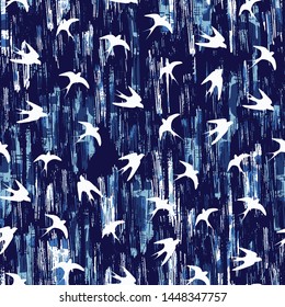 Seamless Endless Abstract Flying Birds Swallows Vector Pattern with Distressed Wall Texture Background
