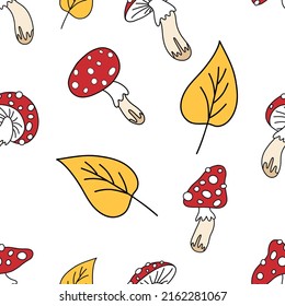 seamless endless autumn vector pattern.leaves and mushrooms of fly agaric.