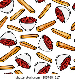 Seamless Endless Background Bowl of Ketchup Sauce and French Fries. Tomato Paste. Sauce For Pizza, Beer Snacks French Fries, Chips. Realistic Hand Drawn Illustration. Savoyar Doodle Style.