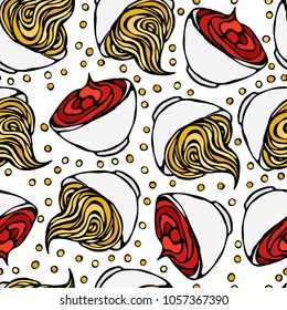Seamless Endless Background Bowl of Tomato Ketchup Sauce, Mustard and Seeds. Sauce For Fast Food, Beer Snacks French Fries, Chips. Realistic Hand Drawn Illustration. Savoyar Doodle Style.
