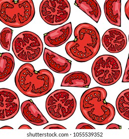 Seamless Endless Background Detailed Slices of Tomato. Cut Tomatoes. Botanical Gardening Illustration. Ketchup Logo or Vegetable Salad. Realistic Hand Drawn Vector Illustration. Savoyar Doodle Style.
