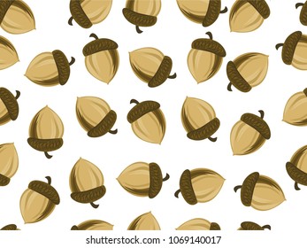 Seamless endless background with oak acorns. Cartoon vector pattern with chaotically scattered oak nuts on a white background