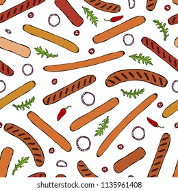 Seamless Endless Background Pattern of Different Sausages, Onion Rings, Rocket Leaves Herb, Pepper. Food Collection. Realistic Hand Drawn High Quality Vector Illustration. Doodle Style.