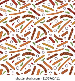 Seamless Endless Background Pattern of Different Sausages, Onion Rings, Rocket Leaves Herb, Pepper. Food Collection. Realistic Hand Drawn High Quality Vector Illustration. Doodle Style.