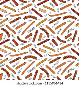 Seamless Endless Background Pattern of Different Sausages and Lettering. Food Collection. Realistic Hand Drawn High Quality Vector Illustration. Doodle Style.