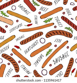 Seamless Endless Background Pattern of Different Sausages, Onion Rings, Rocket Leaves Herb, Pepper and Lettering. Food Collection. Realistic Hand Drawn High Quality Vector Illustration. Doodle Style.