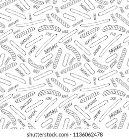 Seamless Endless Background Pattern of Different Sausages and Lettering. Food Collection. Realistic Hand Drawn High Quality Vector Illustration. Doodle Style.