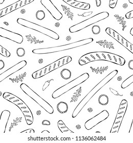 Seamless Endless Background Pattern of Different Sausages, Onion Rings, Rocket Leaves Herb, Pepper. Food Collection. Realistic Hand Drawn High Quality Vector Illustration. Doodle Style.