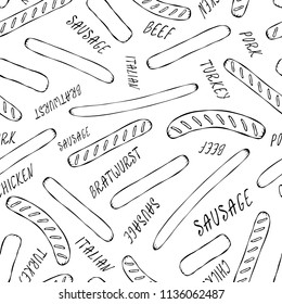 Seamless Endless Background Pattern of Different Sausages and Lettering. Food Collection. Realistic Hand Drawn High Quality Vector Illustration. Doodle Style.
