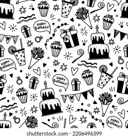 Seamless endless birthday pattern in doodle style. Birthday wrapping paper hand-drawn with a black line. Gifts, cake, bouquet, drink, lemonade, cupcake.