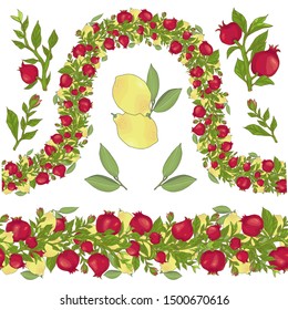 Seamless endless border brush of hand drawn ripe pomegranates and lemons with leaves and branches vector illustration