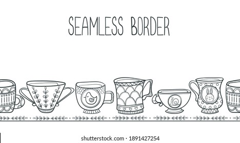 Margen interminable sin inconvenientes con tazas de contorno de dibujos animados. Ilustración vectorial en blanco y negro en un sencillo estilo infantil plano para el diseño, la reserva de recortes y la impresión.