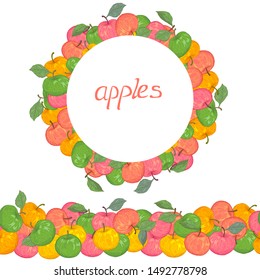 Seamless endless border frame and round of hand drawn red green yellow apples with lettering vector illustration