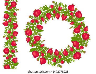 Seamless endless border round of hand drawn ripe pomegranates with leaves and branches vector illustration