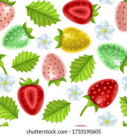 Seamless, endless botanical pattern with flowers and berries of strawberry on white background in cartoon style can be used like Template for kitchen design, packaging or textiles, vector illustration