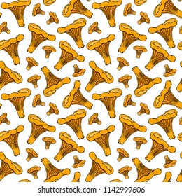Seamless Endless Chanterelle Mushrooms Pattern. Autumn or Fall Harvest Collection. Realistic Hand Drawn High Quality Vector Illustration. Doodle Style.