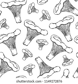 Seamless Endless Chanterelle Mushrooms Pattern. Autumn or Fall Harvest Collection. Realistic Hand Drawn High Quality Vector Illustration. Doodle Style.