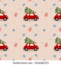 Seamless endless christmas pattern, xmas background, wrapping paper design with christmas tree, gifts and snowflakes, New Year greeting card