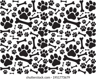 Seamless endless dense vector pattern of traces of dog paws. Dog legs and bones. Monochrome black and white