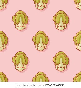 Seamless endless fabric vegetarian organic ecological cute childish cartoon comic kawaii pattern, for wallpaper, cover, wrapping paper, children product and goods. Nature character lettuce with face