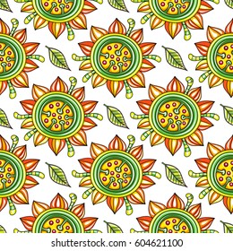 Seamless endless floral pattern with decorative sunflowers and leaves isolated on white background. Can be used as wallpaper or wrapping paper. Vector illustration