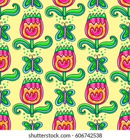 Seamless endless floral pattern with decorative tropical flowers and butterfly isolated on white background. Can be used as wallpaper or wrapping paper. Vector illustration