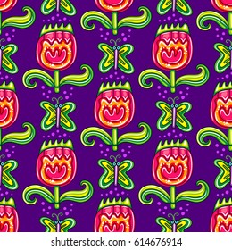 Seamless endless floral pattern with decorative tropical flowers and cute butterfly, isolated on dark  blue background. Can be used as wallpaper or wrapping paper. Vector illustration