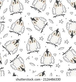 Seamless endless forest owl pattern. Textile wrapping fabric graphic design concept illustration
