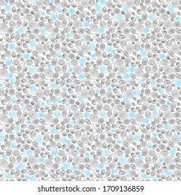 Seamless Endless Funny Sweet Background Pattern of Swirls and Curls. Gift Wrapping or Invitation Template. Hand Drawn Doodle Style Craft Backdrop. Black, Blue and White.