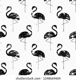 Seamless Endless Hand Drawn Abstract Flamingo Animal Vector Pattern with Brush Splashes Isolated Background
