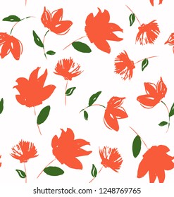 Seamless Endless Hand Drawn Abstract Orange Flowers Vector Pattern Isolated Background