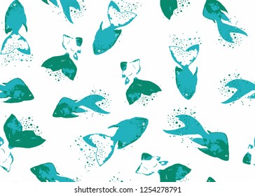 Seamless Endless Hand Drawn Abstract Fishes with Splashes Vector Pattern Isolated Background