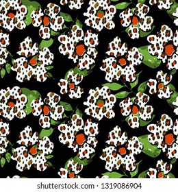 Seamless Endless Hand Drawn Abstract Flowers with Leopard Skin Texture Vector Pattern Isolated Background
