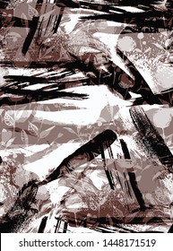 Seamless Endless Hand Drawn Abstract Brush Strokes and Flowers Vector Pattern