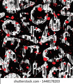 Seamless Endless Hand Drawn Abstract Multi Color Alphabet Letters and Ink Stains Vector Pattern Isolated Background